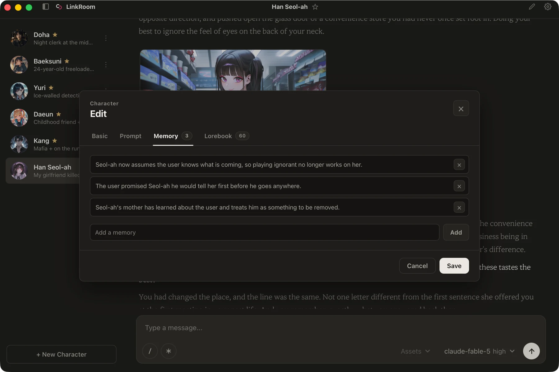 A character organizing its memories in LinkRoom